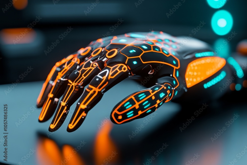 Poster cyberpunk robotic arm with neon lights and metallic components, set in a futuristic industrial works
