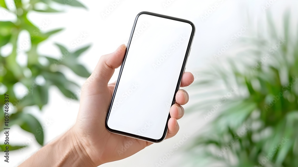 Poster close up of a hand holding a mobile phone in a tilted position showcasing a completely white screen 