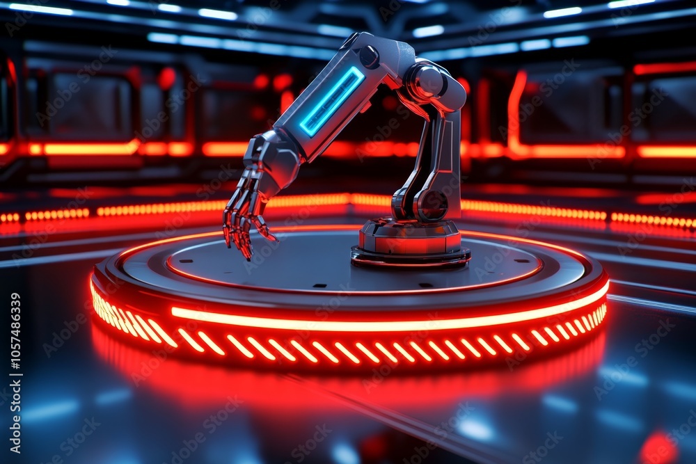 Poster cyberpunk robotic arm with neon lights and metallic components, set in a futuristic industrial works