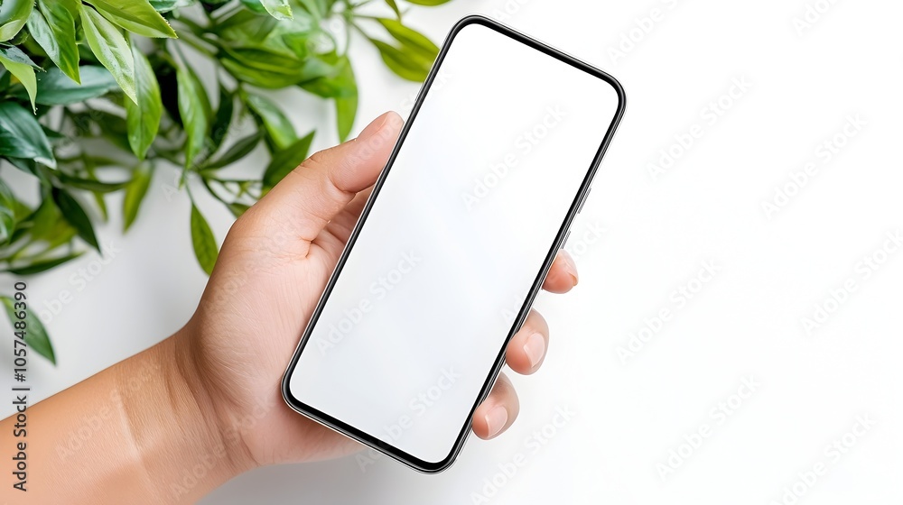 Poster minimalist closeup shot of a hand holding a mobile phone in a tilted position showing a completely w