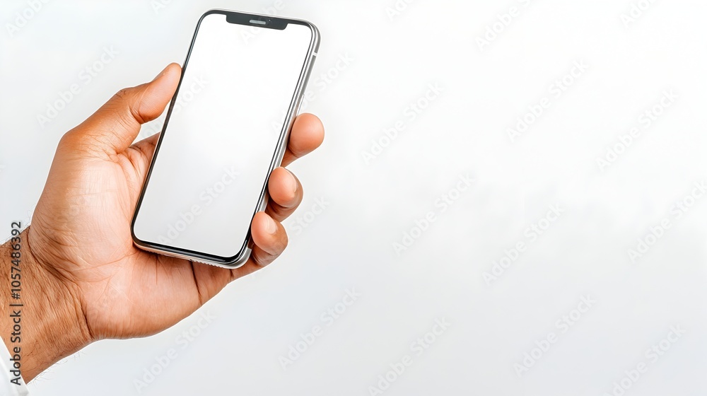 Fototapete close up of a human hand holding a mobile smartphone device in a tilted position against a bright cl