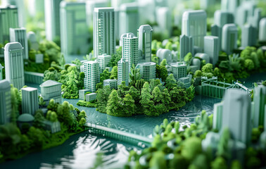 Fototapeta premium Cityscape with a river running through it and a bridge. The buildings are made of glass and are surrounded by trees. The scene is peaceful and serene, with the water