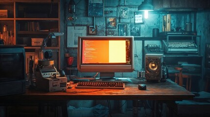 There is a computer that is placed on top of a wooden desk in a dark room