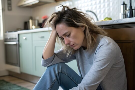 Sad woman sitting on kitchen floor with her head resting on her hand, representing stress, fatigue, or depression in an indoor home setting.