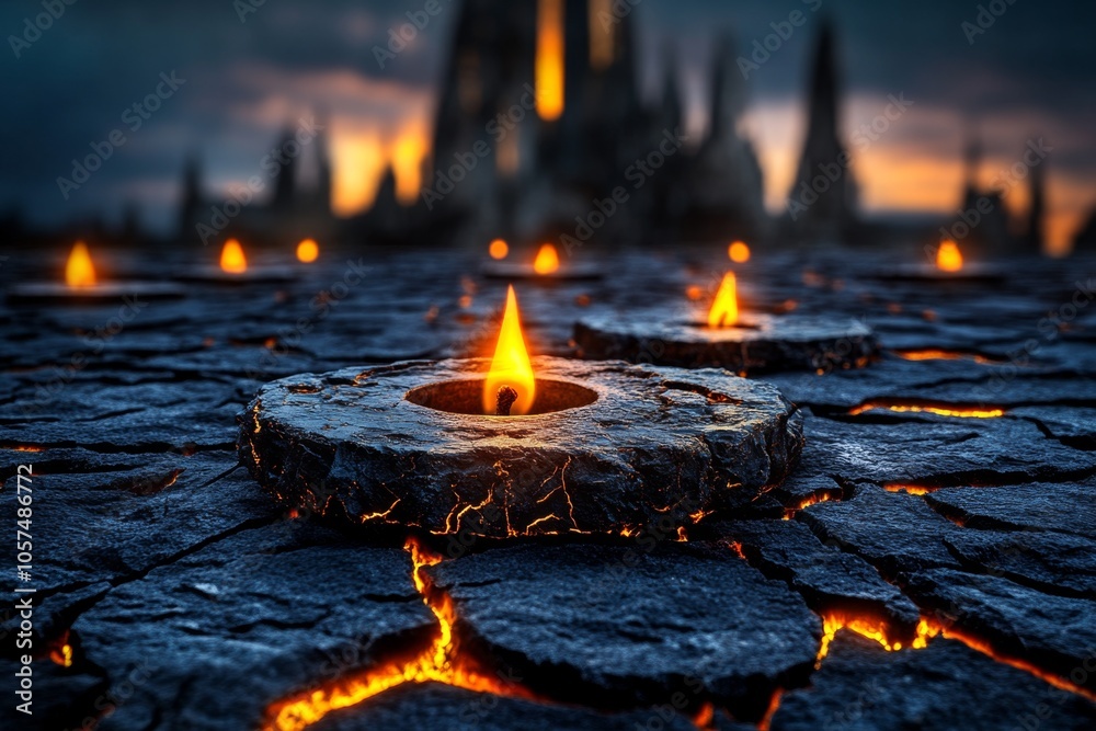 Poster dark gothic scene with candle flames illuminating an ancient room, capturing the moody and haunting 