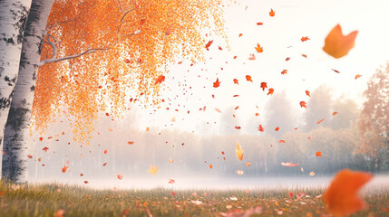 Autumn leaves falling in misty forest with birch trees and vibrant foliage scenery