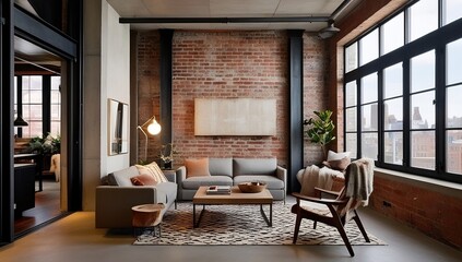 Stylish living area with cozy textiles and raw materials for warmth, large window, brick wall, natural color.