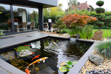 Fototapeta premium Small pond with a few fish in it is surrounded by a wooden deck. The deck has a few chairs and a couch