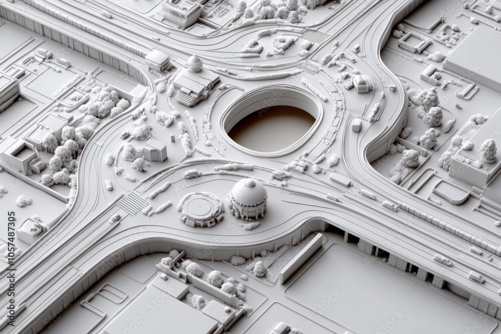 Poster detailed blueprint of a multi-lane highway interchange, showing overpasses, ramps, and merging lanes