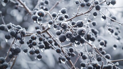 Frozen ice covering branches with dark berries.