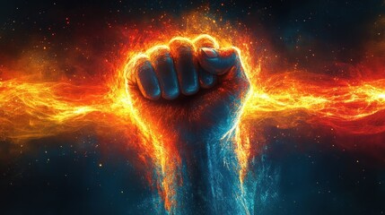 A glowing fist emerges from vibrant flames, symbolizing strength and power.