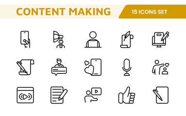 Content Creation Icon Set. Creative and versatile icons for bloggers, vloggers, and digital creators, perfect for enhancing editing tools, social media apps, and multimedia projects.