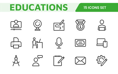 Education Tools Icon Set. Engaging and versatile icons for learning apps, classrooms, and online courses, perfect for enhancing educational resources and making learning fun and accessible.
