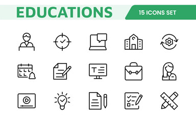 Education Tools Icon Set. Engaging and versatile icons for learning apps, classrooms, and online courses, perfect for enhancing educational resources and making learning fun and accessible.