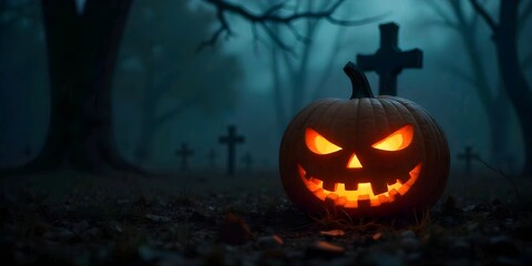 A dark graveyard scene features a carved pumpkin with a glowing face and a cross in the background, surrounded by bare tree branches.