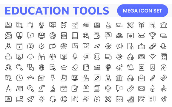 Education Tools Icon Set. Engaging and versatile icons for learning apps, classrooms, and online courses, perfect for enhancing educational resources and making learning fun and accessible.