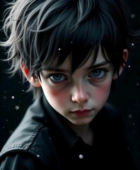 3d model, octane render volumetric, highly detailed videogame, A young, pale-skinned boy with messy, dark hair and piercing blue eyes , set against a dark, moody background with snowflakes