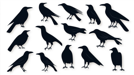 Fototapeta premium Silhouettes of various crow and raven illustrations in different positions on a white background