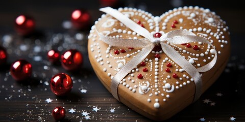 Fototapeta premium Heart-shaped gingerbread cookie adorned with white icing and red sprinkles, tied with a delicate silver ribbon, resting on a dark wooden surface with scattered red baubles and sparkling stars.