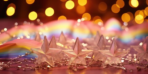 A close-up of iridescent stars, connected by a delicate chain, against a soft, blurred background of pastel rainbow hues and warm, golden bokeh lights.