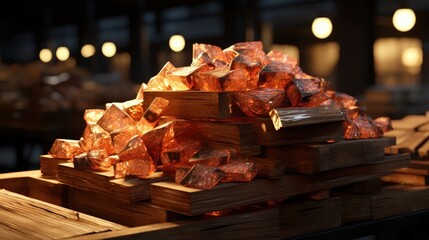 A pile of lustrous, translucent amber crystals stacked atop a wooden platform, illuminated by warm light, creating an enchanting and mysterious ambiance.