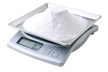 Close-up of a digital scale with a sample of white powder placed on the weighing platform, isolated on white background