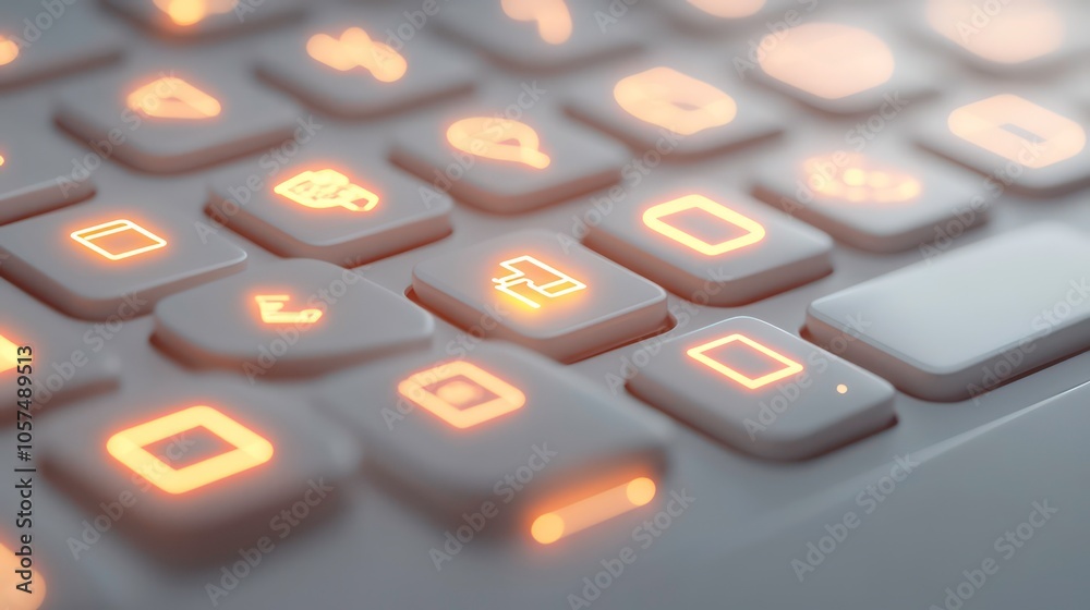 Poster würfel in white with glowing communication symbols on a white keyboard