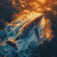 Fototapeta premium Majestic whale breaching the ocean surface at sunset. A stunning moment captured in nature. Vibrant colors illuminate the scene beautifully. Generative AI