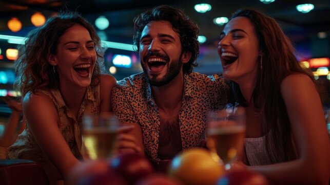 Three people are laughing and smiling at a bar - Powered by Adobe