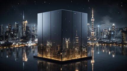 A reflective glass cube sits on a rooftop overlooking a cityscape at night, showcasing the city's twinkling lights as seen from a high vantage point