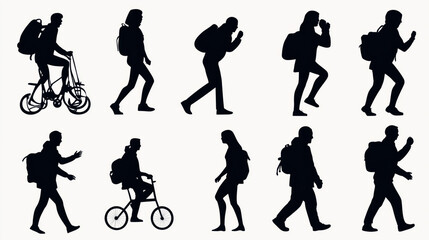 Silhouettes of people with backpacks walking and cycling in various poses, showing movement and travel concepts.