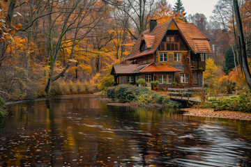 Obraz premium Small cabin is situated next to a river. The cabin is surrounded by trees and the river is calm. The scene is peaceful and serene