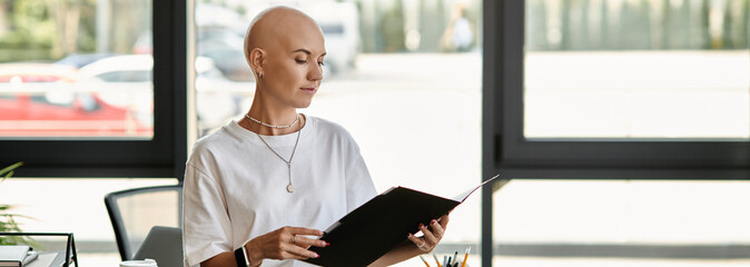 A young bald woman dressed elegantly studies a document, deep in thought, in a stylish office.