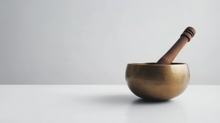 A brass mortar and wooden pestle on a clean surface, used for grinding and mixing.