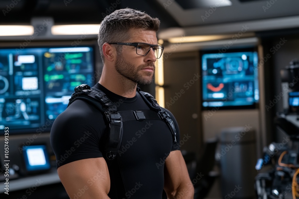 Poster Futuristic detective in a high-tech office with holographic screens showing case files and evidence, capturing advanced tools in future crime-solving, symbolizing innovation and technology