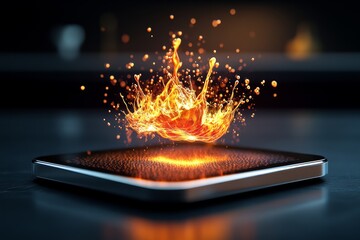 Futuristic kitchen with digital flames under a glass stovetop, showing the blend of technology and heat in culinary innovation, symbolizing modernity and precision