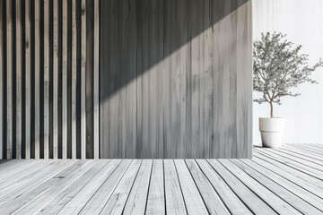 White room with a wooden floor and a potted plant. The room is empty and has a minimalist feel
