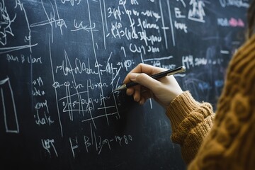 Person writing complex equations on a blackboard