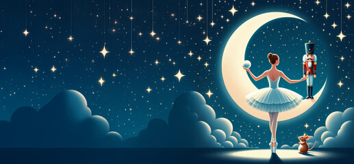 Ballerina in a white tutu holding a nutcracker on a crescent moon surrounded by stars and clouds. Nutcracker ballet and Christmas fantasy concept for design and print,