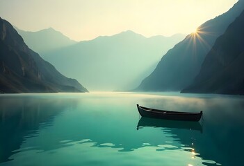 Attabad Lake, Colorful Boats on Tranquil Lake Amidst Majestic Mountains.