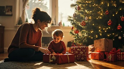 Mother and child enjoy christmas gift opening by decorated tree