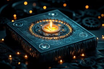 Gothic-style workshop with dark, towering industrial machines and candlelight illuminating the gears, capturing the intense and shadowy ambiance of gothic machinery, symbolizing power and mystery