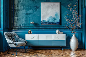 The room features a calming blue color scheme with a cozy armchair and a sleek dresser. Soft, complementary decor enhances the serene ambiance, making it a comfortable and inviting space for relaxatio