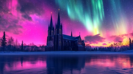 A breathtaking Catholic church set against a vibrant aurora borealis sky. 