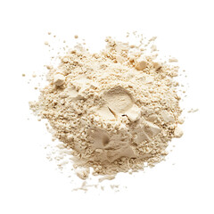A close-up shot of a pile of light beige protein powder on a white surface. - obrazy, fototapety, plakaty