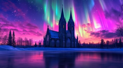 A breathtaking Catholic church set against a vibrant aurora borealis sky. 