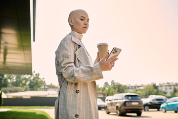 A stylish bald woman sips coffee and uses her smartphone in the daylight.
