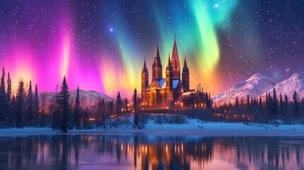 Obraz premium A breathtaking Catholic church set against a vibrant aurora borealis sky. 