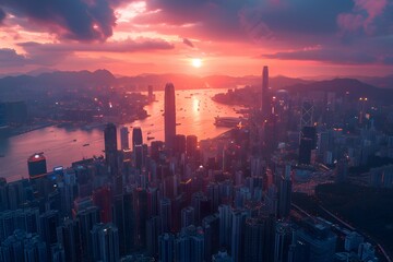 Fototapeta premium Breathtaking Sunset Over Hong Kong's Skyline and Harbor