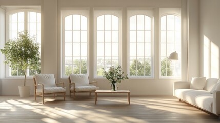 Fototapeta premium A bright and airy living room with white walls, 